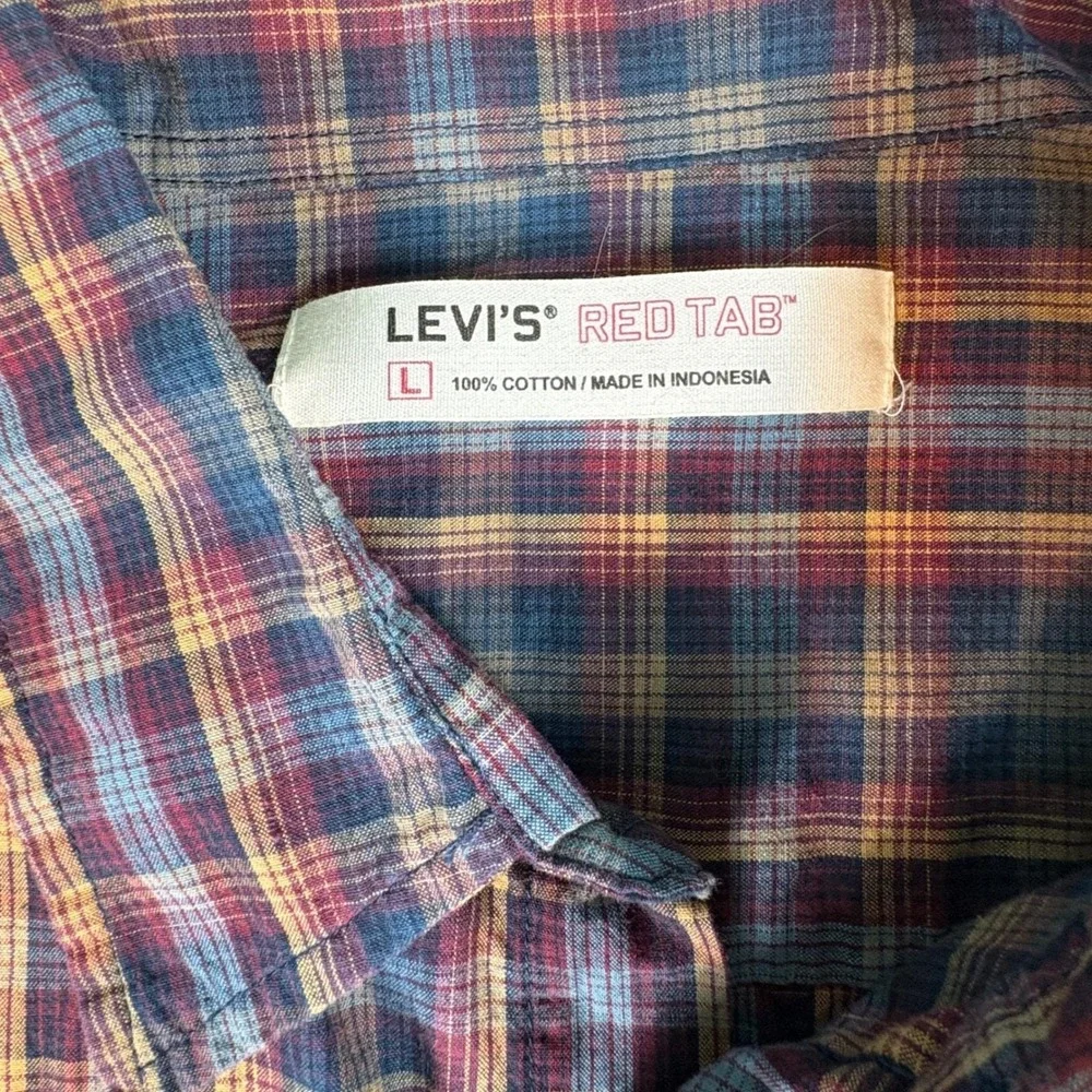 Levis Red Tab Plaid Button Down‎ Shirt Mens Large Blue Brown Cotton